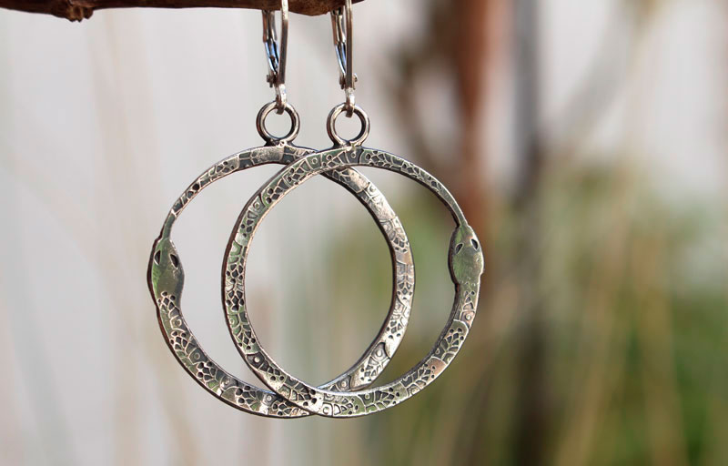 Ouroboros, snake earrings in silver