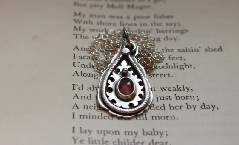 Paisley drop, oriental necklace in silver and pink sapphire