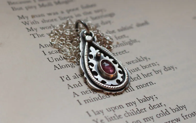 Paisley drop, oriental necklace in silver and pink sapphire