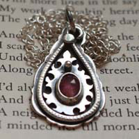 Paisley drop, oriental necklace in silver and pink sapphire