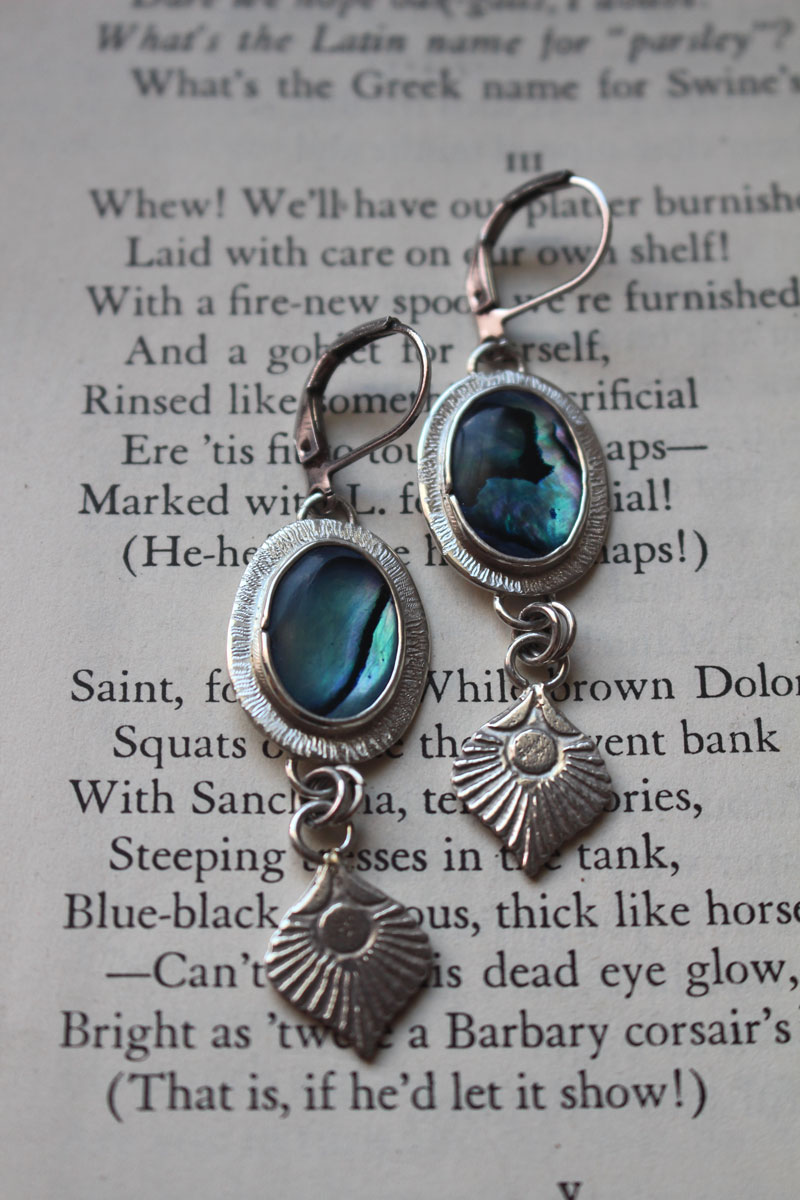 Peacock, bird feather earrings in silver and paua