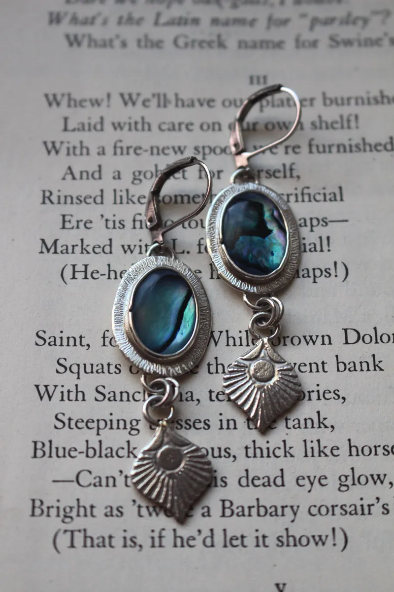 Peacock, bird feather earrings in silver and paua