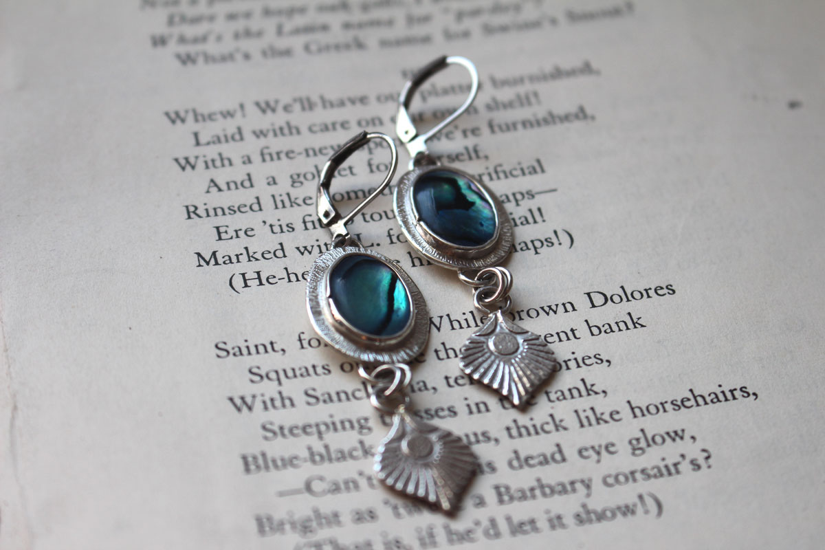 Peacock, bird feather earrings in silver and paua