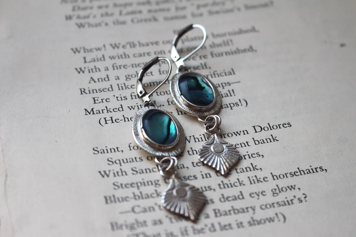 Peacock, bird feather earrings in silver and paua