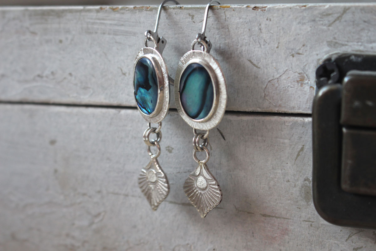 Peacock, bird feather earrings in silver and paua