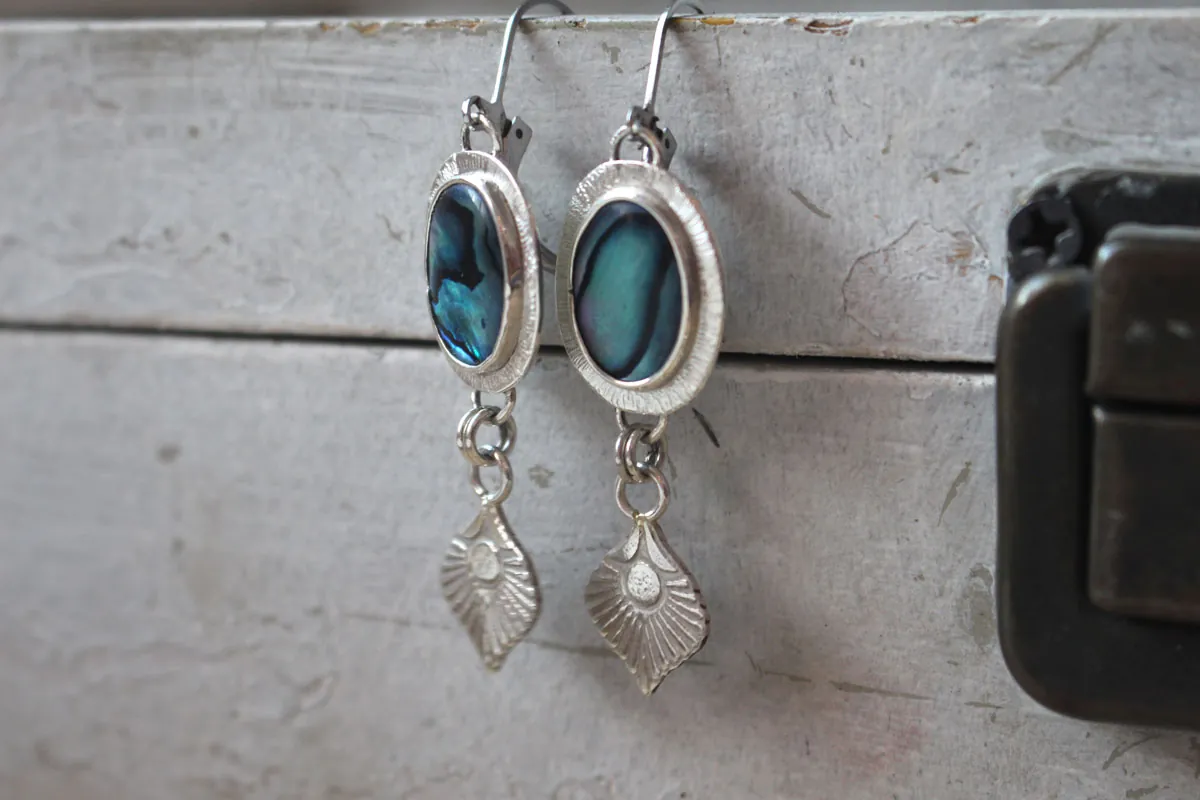 Peacock, bird feather earrings in silver and paua