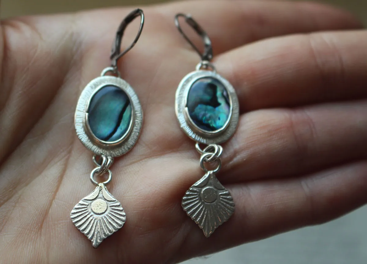 Peacock, bird feather earrings in silver and paua