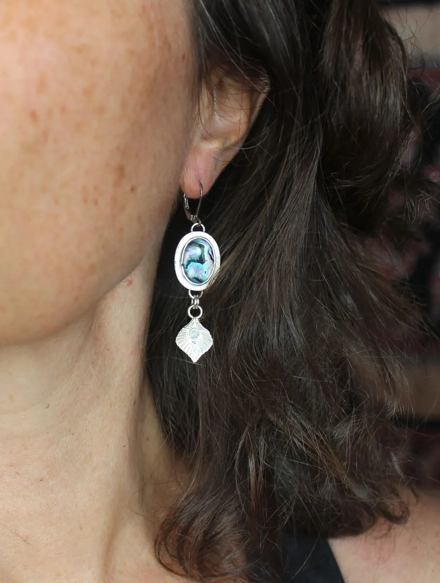 Peacock, bird feather earrings in silver and paua