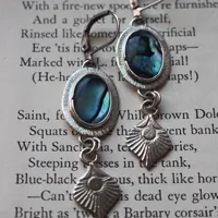 Peacock, bird feather earrings in silver and paua