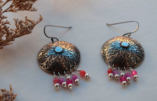 Peony, romantic flower earrings in silver and pink agate