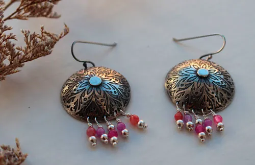 Peony, romantic flower earrings in silver and pink agate