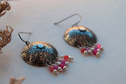 Peony, romantic flower earrings in silver and pink agate