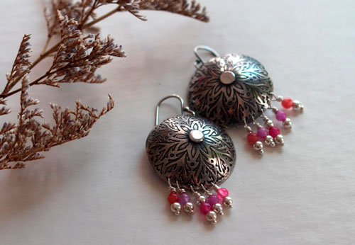 Peony, romantic flower earrings in silver and pink agate