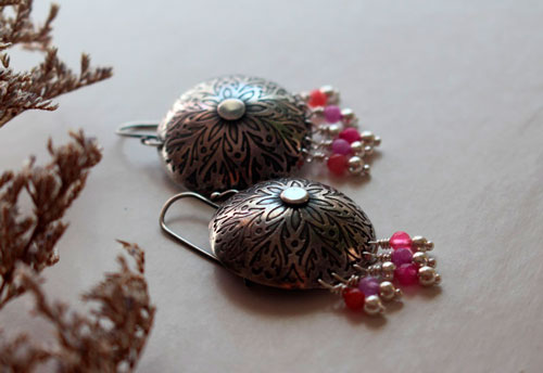 Peony, romantic flower earrings in silver and pink agate