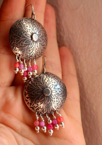 Peony, romantic flower earrings in silver and pink agate