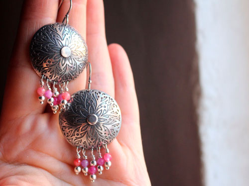 Peony, romantic flower earrings in silver and pink agate