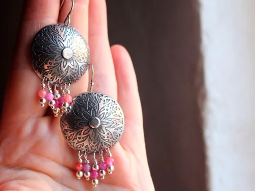 Peony, romantic flower earrings in silver and pink agate