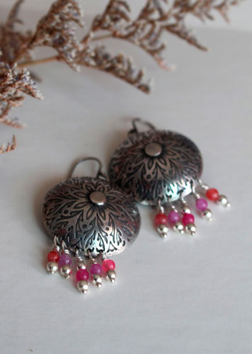 Peony, romantic flower earrings in silver and pink agate