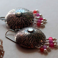 Peony, romantic flower earrings in silver and pink agate
