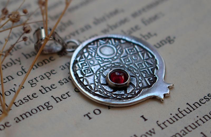 Persephone with pomegranate, Greek legend pendant in silver and garnet