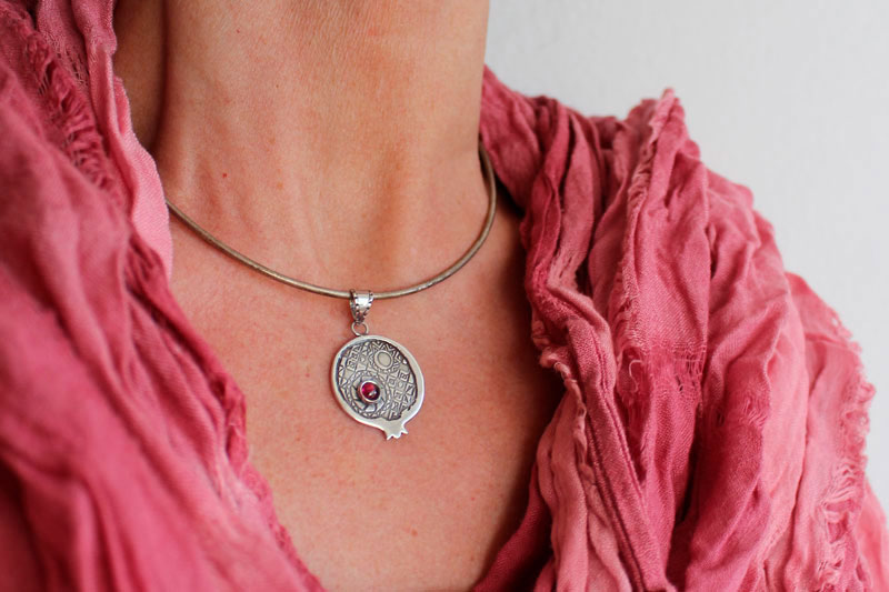 Persephone with pomegranate, Greek legend pendant in silver and garnet