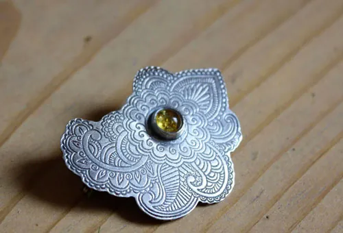Persian moon, silk road brooch in silver and amber