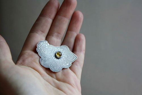 Persian moon, silk road brooch in silver and amber