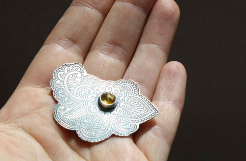 Persian moon, silk road brooch in silver and amber