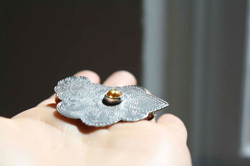 Persian moon, silk road brooch in silver and amber