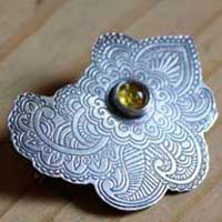 Persian moon, silk road brooch in silver and amber