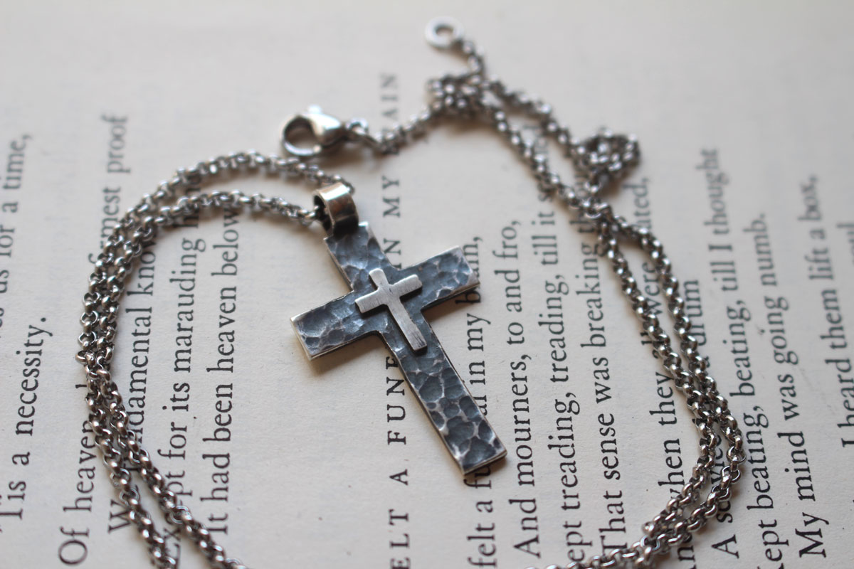 Pietà, double cross pendant in sterling silver