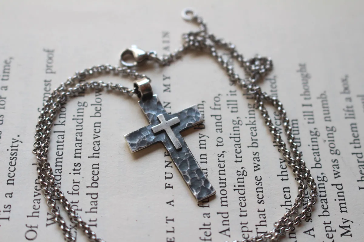 Pietà, double cross pendant in sterling silver