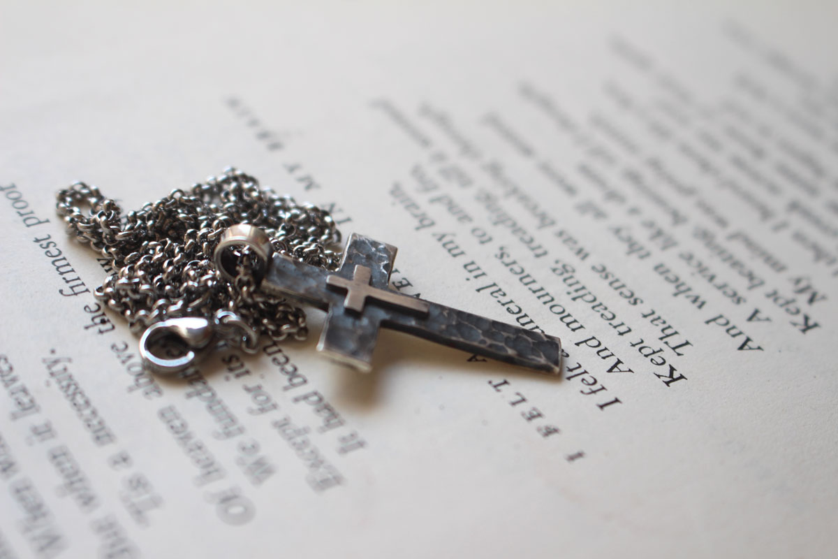Pietà, double cross pendant in sterling silver