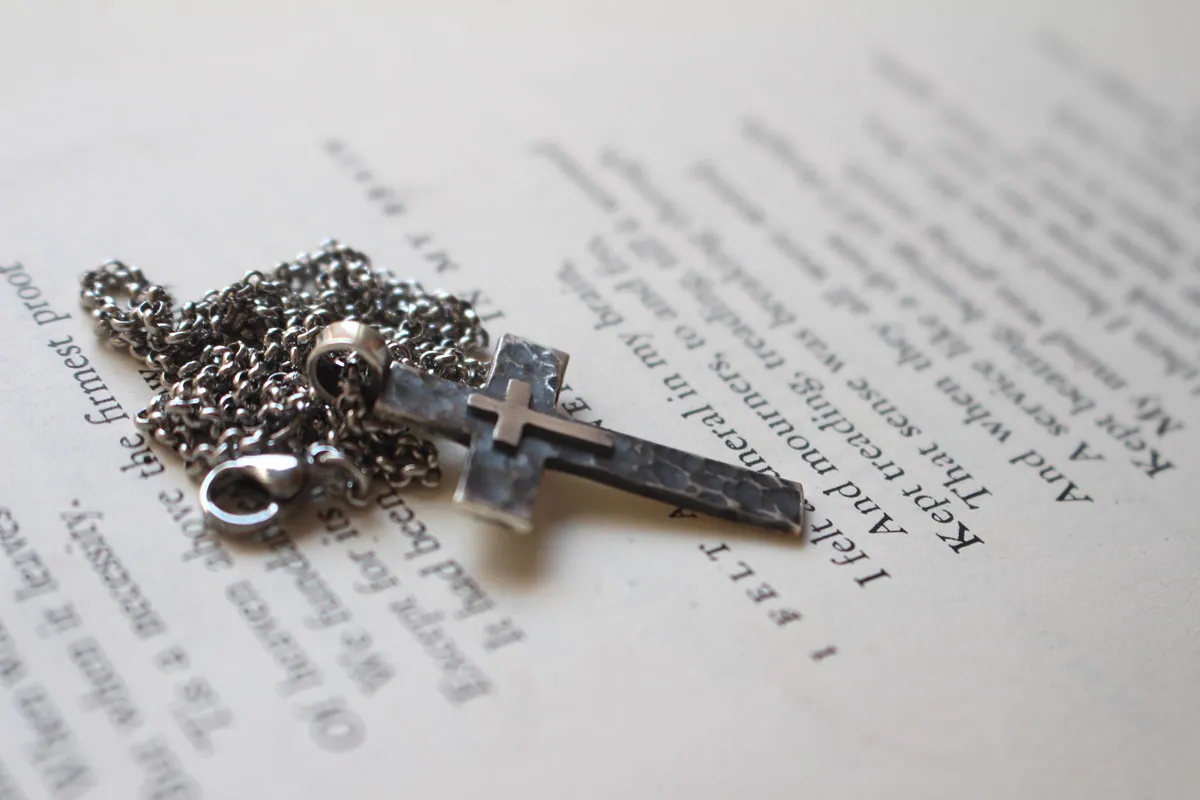 Pietà, double cross pendant in sterling silver