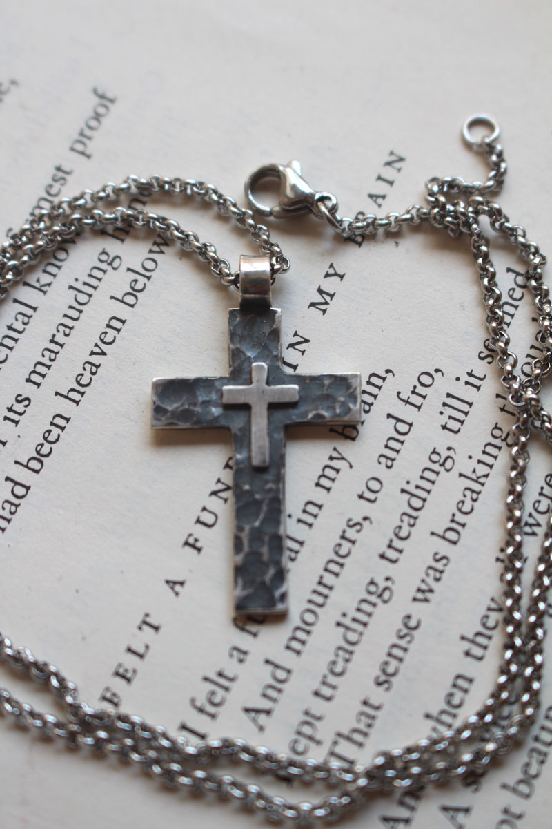 Pietà, double cross pendant in sterling silver