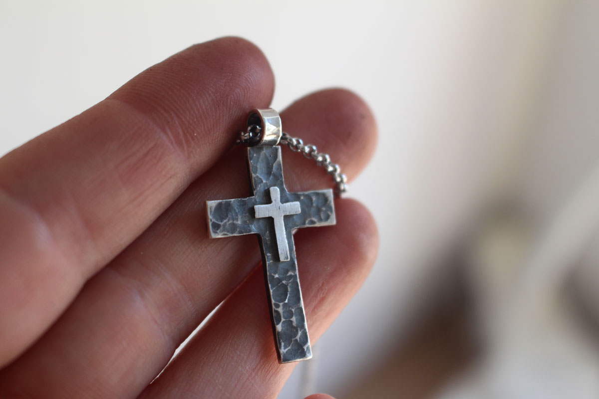 Pietà, double cross pendant in sterling silver