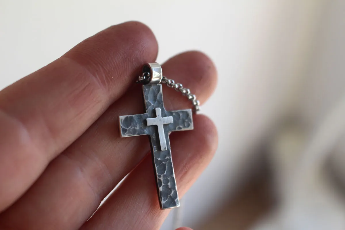 Pietà, double cross pendant in sterling silver