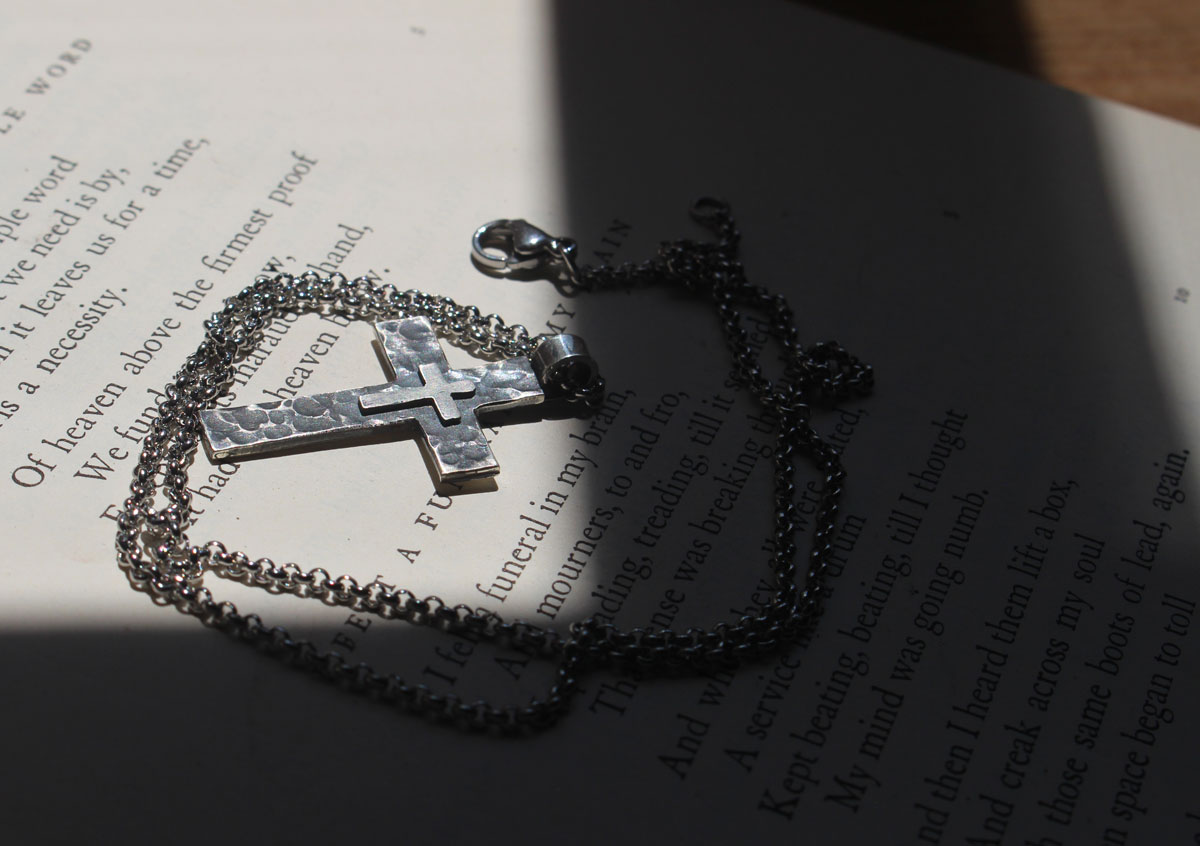 Pietà, double cross pendant in sterling silver