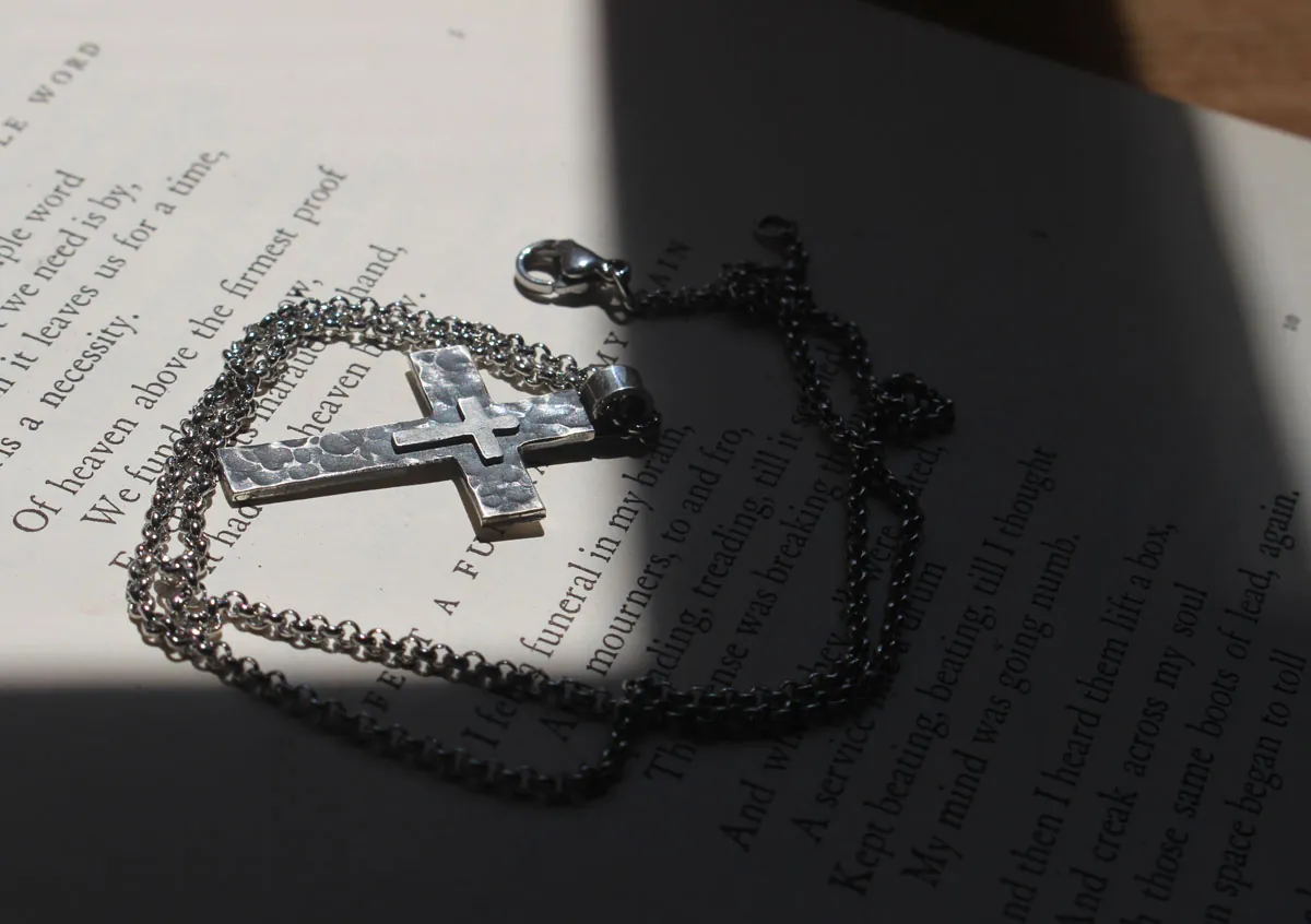 Pietà, double cross pendant in sterling silver
