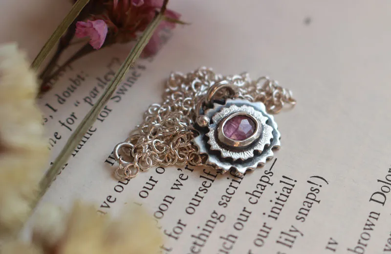 Pink primrose, flower necklace in sterling silver and pink sapphire