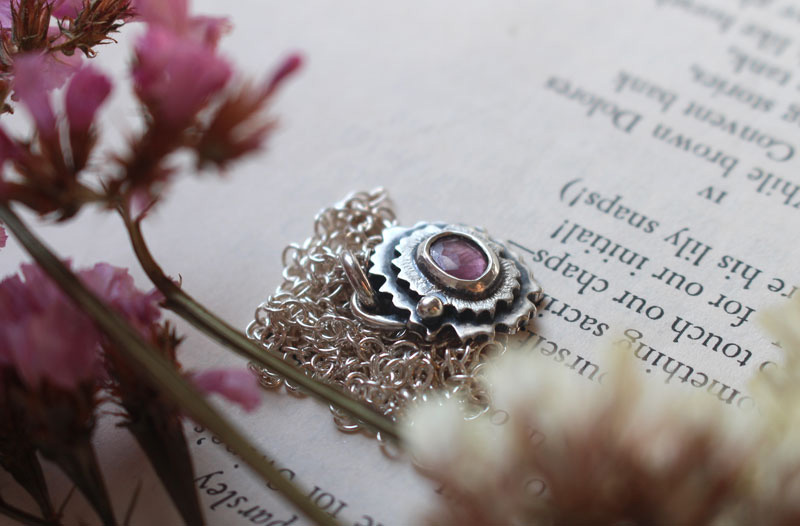 Pink primrose, flower necklace in sterling silver and pink sapphire