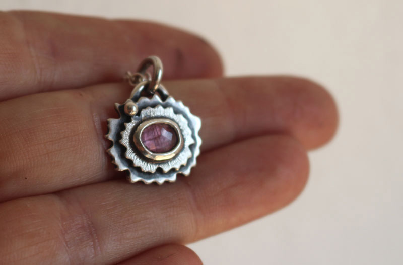 Pink primrose, flower necklace in sterling silver and pink sapphire