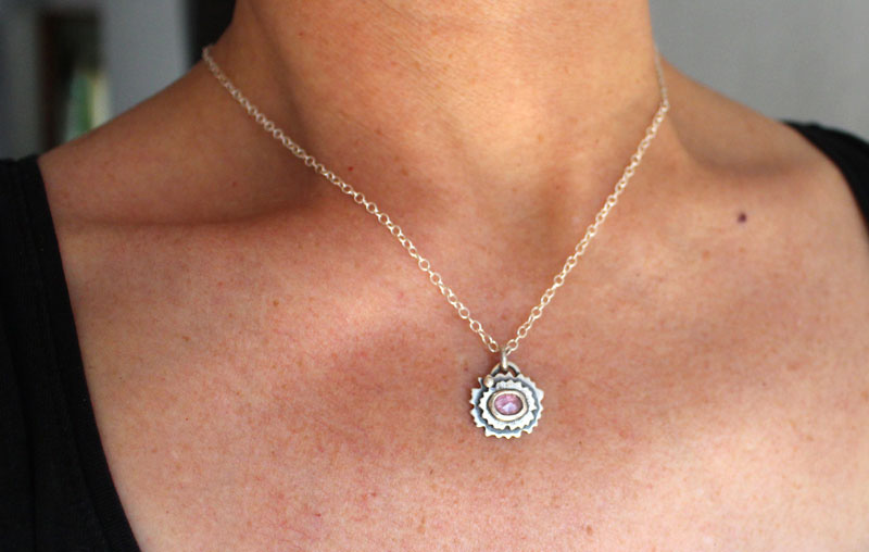 Pink primrose, flower necklace in sterling silver and pink sapphire