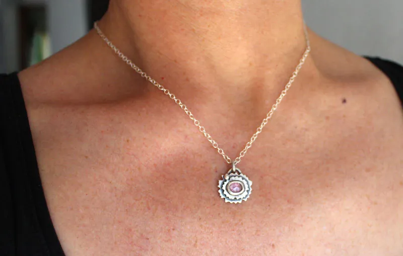 Pink primrose, flower necklace in sterling silver and pink sapphire