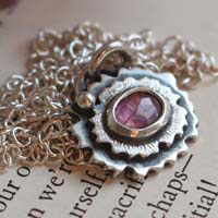 Pink primrose, flower necklace in sterling silver and pink sapphire