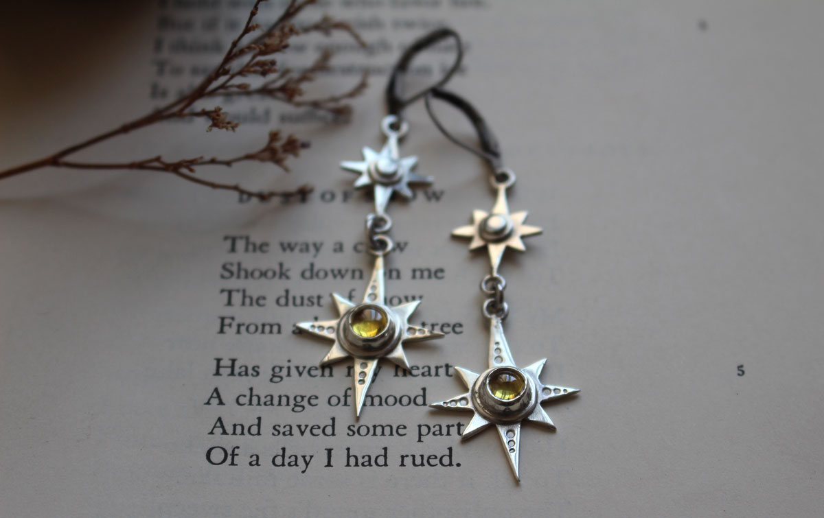 Polaris, North Star earrings in silver and yellow zircon