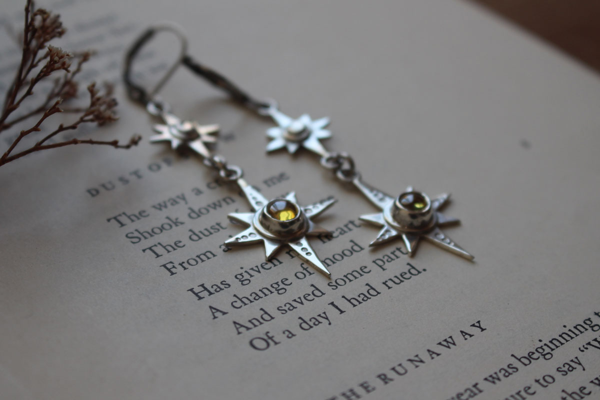 Polaris, North Star earrings in silver and yellow zircon