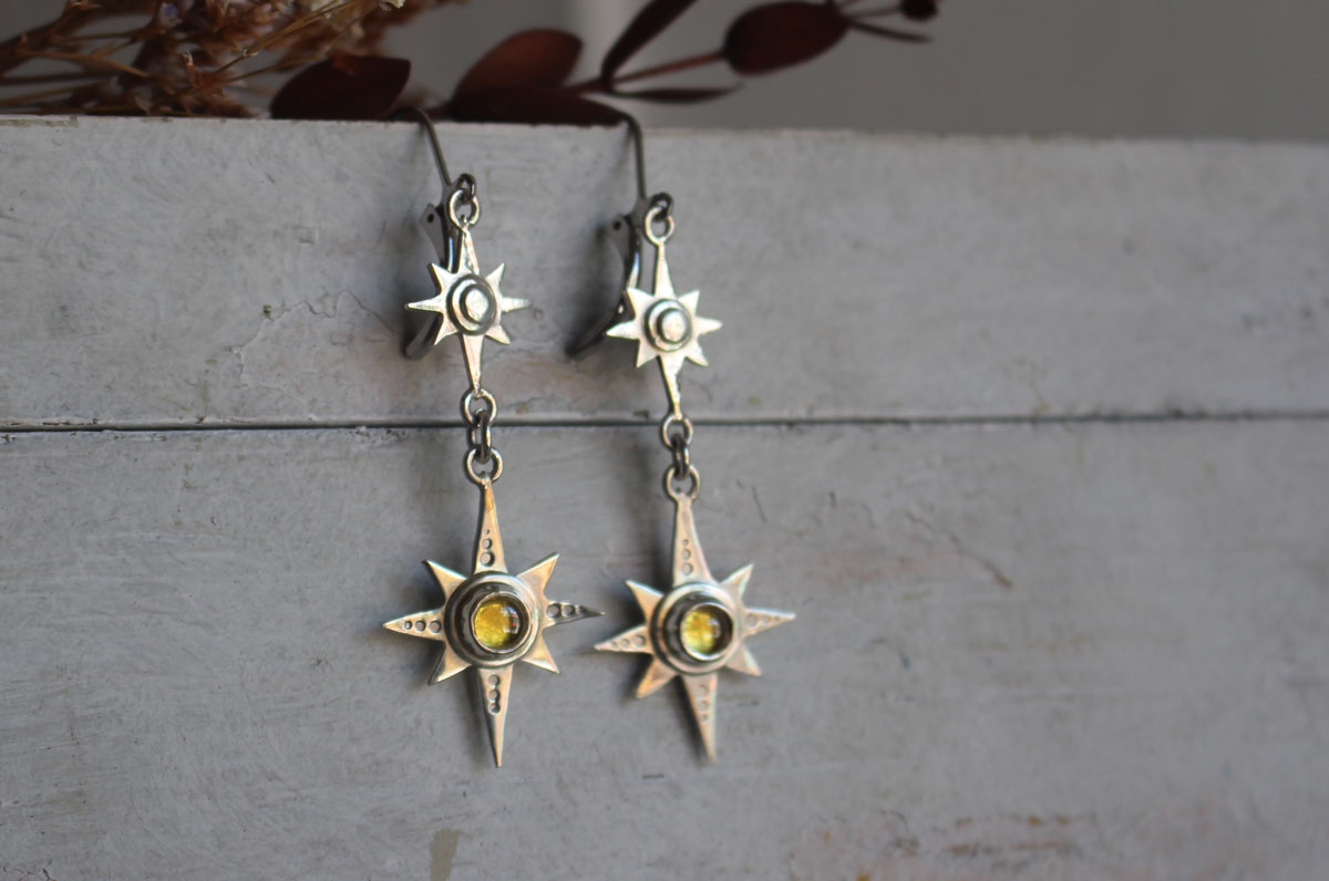 Polaris, North Star earrings in silver and yellow zircon