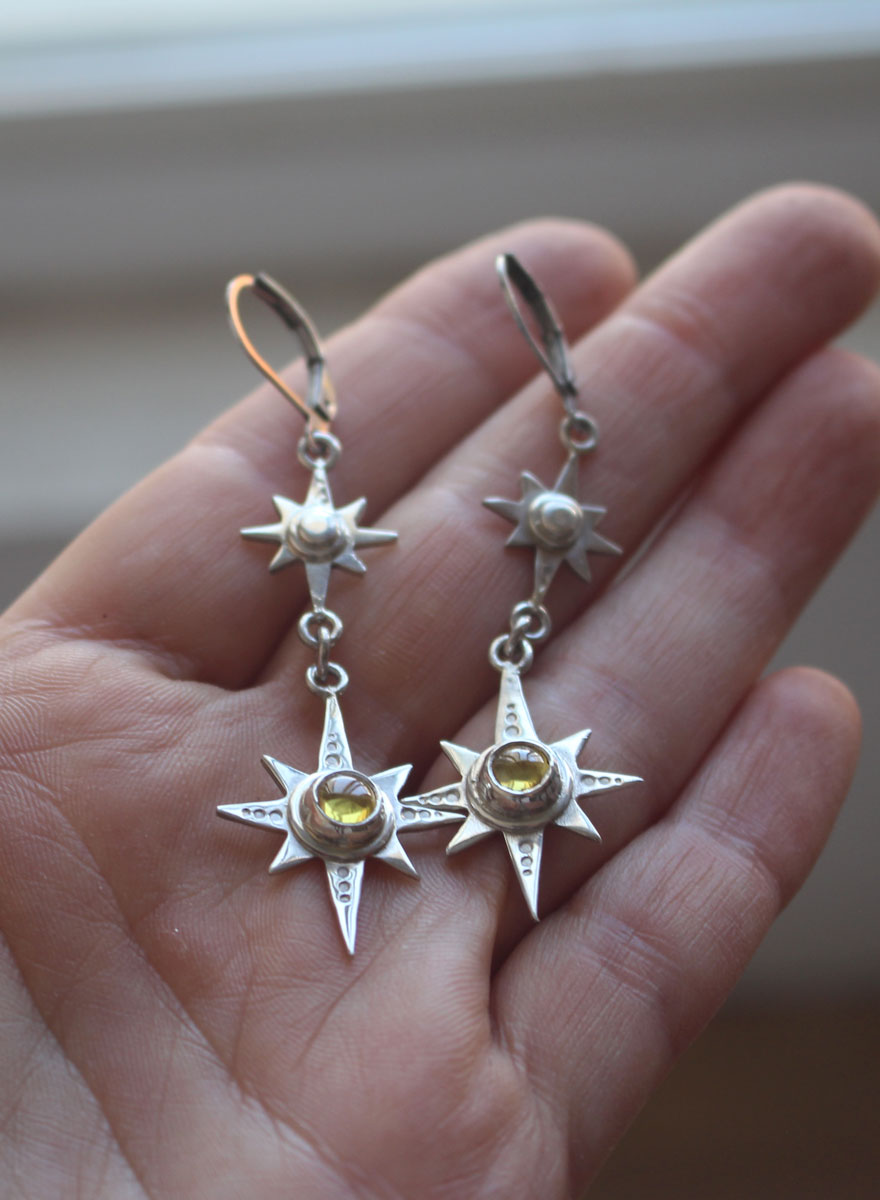 Polaris, North Star earrings in silver and yellow zircon
