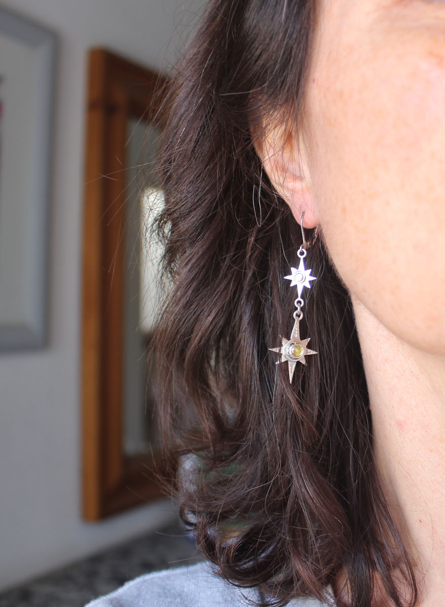 Polaris, North Star earrings in silver and yellow zircon
